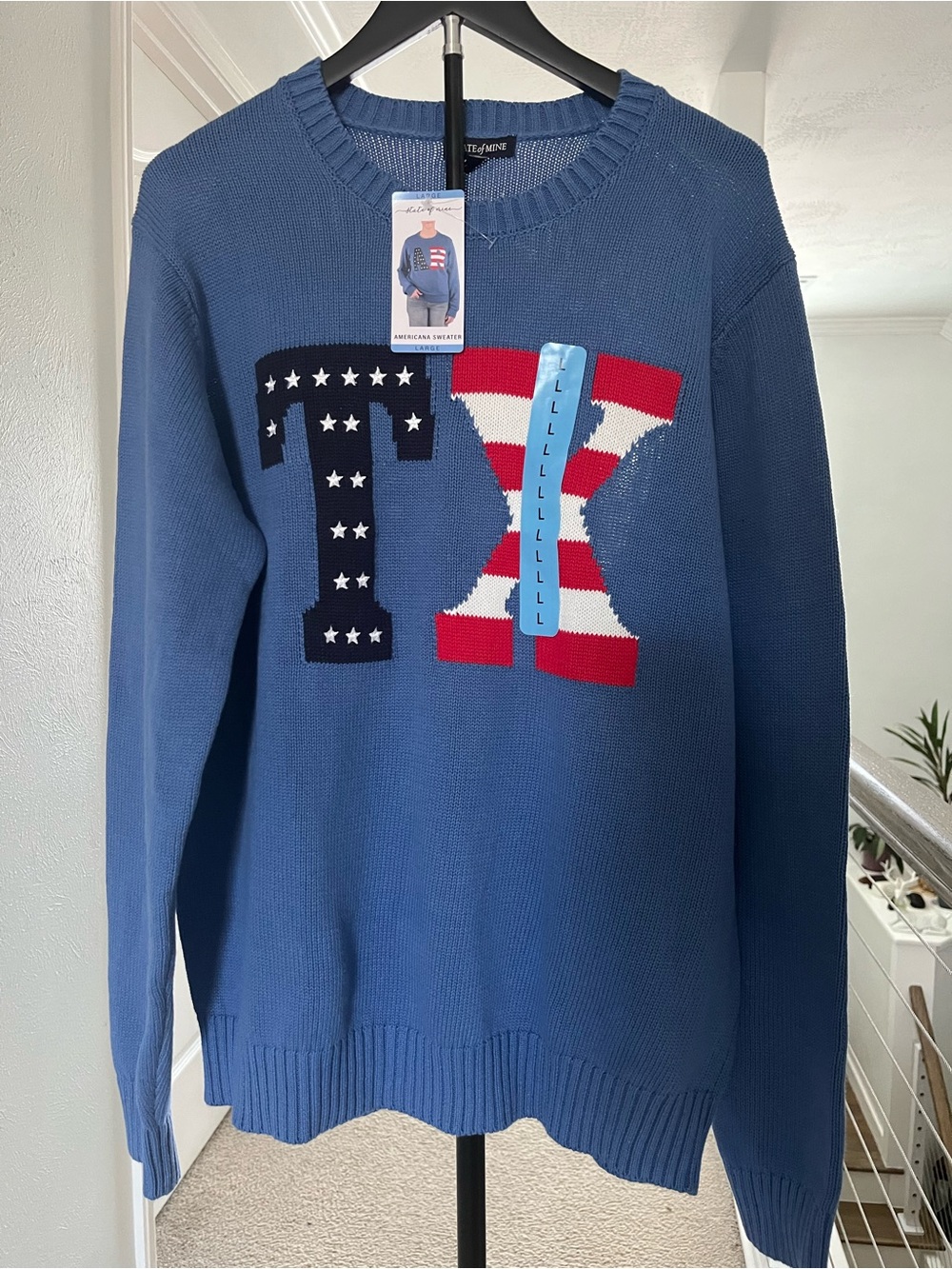 State of Mine Blue Crewneck Sweater with Red, White & Navy TX Motif